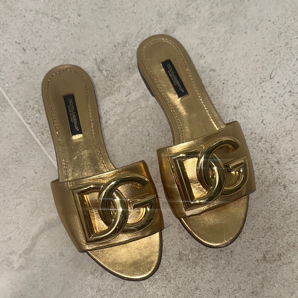 Dolce & Gabbana Metallic Gold Slide Sandals